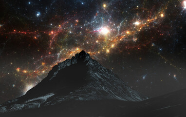Wall Mural - deep space planet scenery, mountain with starfield