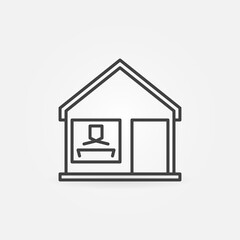 Poster - Work From Home concept linear icon - man working on laptop in window of his house concept sign in outline style