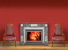 Interior With Wooden Floor, Fireplace And Two Armchairs Against Red Wall