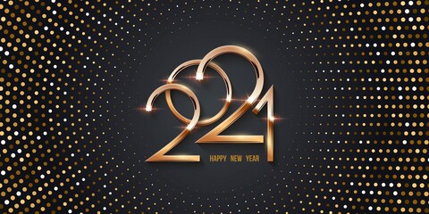 Wall Mural - happy new year 2021 card with halftone background. shining with sparkles numbers and dots pattern. g