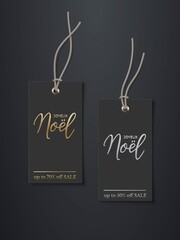 Poster - Black price French Christmas discount tag mockup templates. Rectangle sale cards with strings for clothes with gold Joyeux Noel text on black background vector illustration. Realistic design