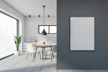 White and gray dining room interior with poster