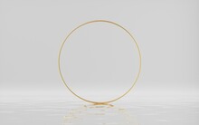 3d Render, Abstract White Background With Golden Ring And Reflection In The Water. Empty Round Frame Isolated On White. Blank Showcase Mockup For Product Displaying