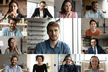 Wall Mural - collage of headshot portrait of multiethnic colleagues coworkers speak talk on video call together. 