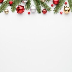 Wall Mural - square christmas card with fir decorations on white background
