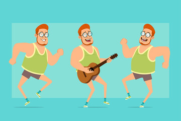 Wall Mural - Cartoon flat funny redhead fat boy character in glasses, singlet and shorts. Boy jumping, dancing and playing on guitar. Ready for animation. Isolated on blue background. Vector set.