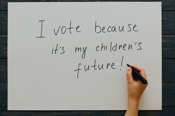 I vote because it’s my children’s future. Female writes political slogan on white paper . Top view