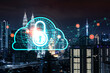 © VideoFlow - Glowing Padlock hologram, night panoramic city view of Kuala Lumpur, Malaysia, Asia. The concept of cyber security to protect KL companies. Double exposure.