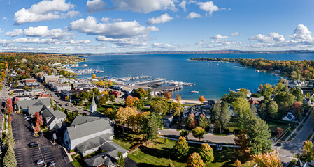 Aerial view of Harbor Springs, Michigan, on a sunny autumn day