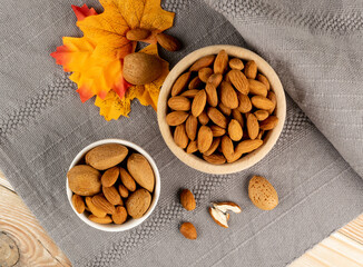 Heap of Raw Almonds on Rustic Background Closeup