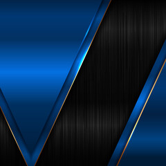 Wall Mural - Abstract elegant geometric triangle blue metallic glossy with golden line on black background and texture