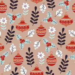 Wall Mural - Seamless pattern for Christmas holiday with ornament, flower and pine tree branches. Childish background for fabric, wrapping paper, textile, wallpaper and greeting cards. Vector Illustration