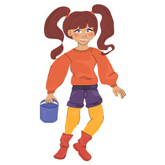 a cheerful girl with two ponytails in an orange sweater, purple shorts and red boots holds a blue bucket in her hand. character for the site, logo, presentation, game, banner. vector isolate.