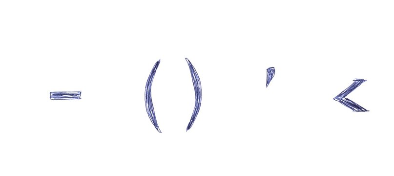 Punctuation marks, hand-drawn in blue ballpoint pen. Set of letters, alphabet. A unique font.