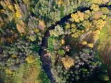 Fototapeta Pomosty - Aerial drone view of autumn forest and small river