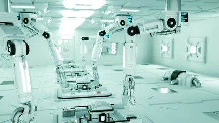 Poster - Generic white mechanical robotic arms working in a factory