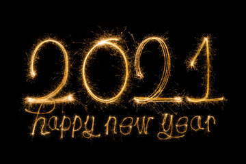 Wall Mural - Happy New Year 2021. Sparkling burning text Happy New Year 2021 isolated on black background.