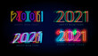 © artyway - New Year 2021 numbers for digital display design. Neon lighting posters for party, event, invitations and calendars in cyberpunk, rave, popular futuristic style, ui and hud. Vector illustration.