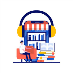 Poster - audiobooks store online concept with character. people stand near smartphone with books and headphon