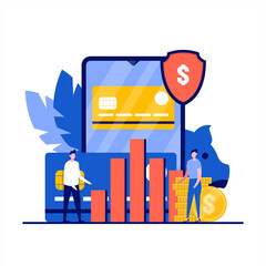Poster - online bank concept with character. people stand near smartphone with bank app. mobile banking and i