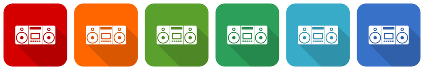 Leinwandbilder - Music, stereo portable equipment icon set, flat design vector illustration in 6 colors options for webdesign and mobile applications