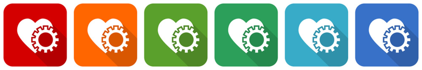 Aufkleber - Heart and cogwheel icon set, flat design vector illustration in 6 colors options for webdesign and mobile applications