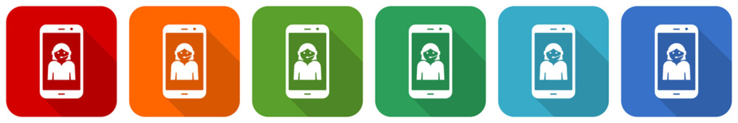 Poster - Online customer service in smartphone, icon set, flat design vector illustration in 6 colors options for webdesign and mobile applications