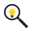 A magnifying glass with a light bulb isolated on white background. Abstract creativity icon concept. Searching for ideas, solutions, or inspiration. Flat style. Vector graphic design illustration.
