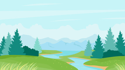 Wall Mural - River summer landscape vector illustration. Cartoon natural peaceful scenery with calm river waters, green grass meadow hills and pine fir forest on riverbanks, summertime nature view background