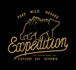 Bear with a mountain range on its back expedition typography t-shirt print. explore the wild. American national park wild nature hiking t-shirt print with a grizzly bear vector illustration.