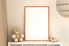 Childrens Room Interior Mockup With An Empty Picture Frame (70x100cm) On A Shelf. Teddy Bear, Cat Toy, Curtain And Rattan Ceiling Lamp. Dotted Creme Colored Wall. 3d Render.