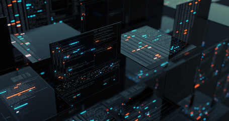 Poster - Futuristic hi-tech user interface multi display with digital code and data infograph, telemetry information motion graphic. 3D render