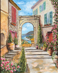  Oil painting Italian courtyard. Italian old street painting. Oil art. hobby drawing