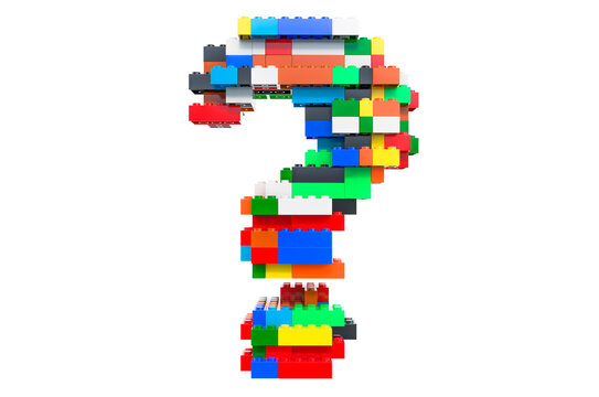 Question mark from colorful building toy blocks, 3D rendering