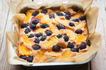 Wall Mural - Cake with blackberries and peaches
