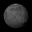 Dark globe centered to Nepal. Country highlighted with red color on world map. Satellite world projection. Beautiful vector illustration.