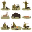 Set of men hunters in dark green costume hunting with dog on nature