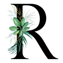 Tropical Watercolor Letter R With Leaves On A White Background For Decoration.
