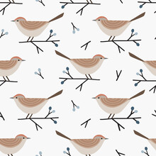 Christmas Seamless Pattern With Cute Little Birds And Blue Blackthorn Branches And Berries. Cute Scandinavian Winter Design For Scrapbooking, Gift Paper Wrapping And Textile. White Background.