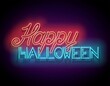 © irinakrivoruchko - Glow Greeting Card with Happy Halloween Inscription. Neon Light Lettering. Shiny Template Poster, Banner, Invitation. Glossy Background. Vector 3d Illustration
