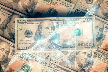 Poster - Multi exposure of forex chart drawing over us dollars bill background. Concept of financial success markets.