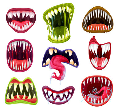 halloween monster mouths, teeth and tongues cartoon vector set. scary devil and vampire smiles, craz