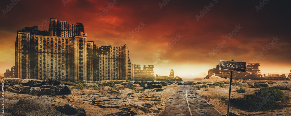 Evening post apocalyptic background image of desert city wasteland with abandoned and destroyed buidings, cracked road and sign. - obrazy, fototapety, plakaty 