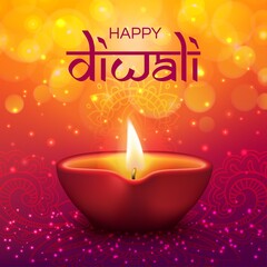 Wall Mural - Diwali festival Indian holiday and Happy Deepavali, vector candle lantern with golden bokeh sparkles. Happy Diwali greeting card, mandala rangoli ornament and lantern lamp light, glowing background