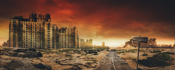 evening post apocalyptic background image of desert city wasteland with abandoned and destroyed buid
