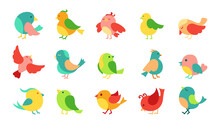 Cute Bird Cartoon Set. Colorful Little Birds, Different Poses, Flying. Happy Character. Hand Drawn Flat Abstract Icon. Modern Trendy Vector Illustration