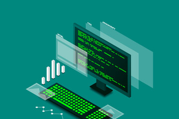 Fototapete - Web design and development, computer programming, isometric technology, programming work, web programming, vector isometric illustration.
