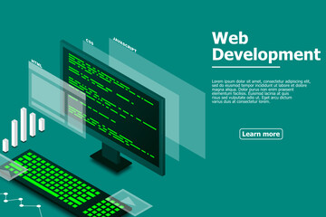 Fototapete - Web design and development, computer programming, isometric technology, programming work, web programming, vector isometric illustration.