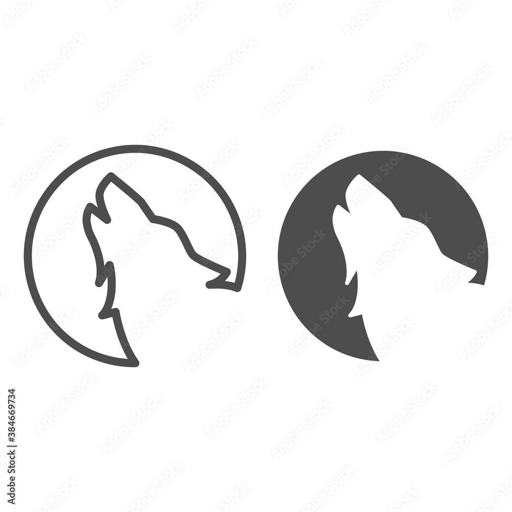 Wolf howling at moon line and solid icon, Halloween concept, Wolf and moon  sign on white background, Howling coyote icon in outline style for mobile  concept and web design. Vector graphics. Stock, image size:1000x1000