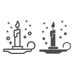 Poster - Magic candle line and solid icon, Halloween concept, burning candle and stars sign on white background, wax candle on candlestick icon in outline style for mobile, web design. Vector graphics.